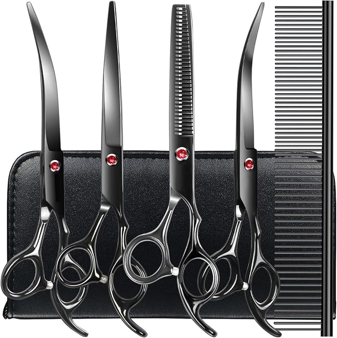 Professional Dog Grooming Scissors Kit Black 6 in 1, Dog Shears by TINMARDA
