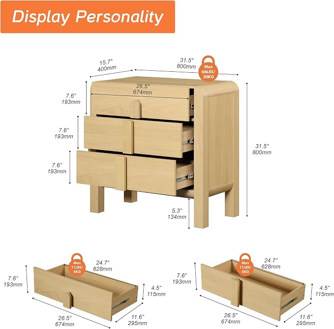 WAMPAT 3 Drawer Dresser for Bedroom, 31.5" Wide Mid Century Modern Wide Chest - Image 2
