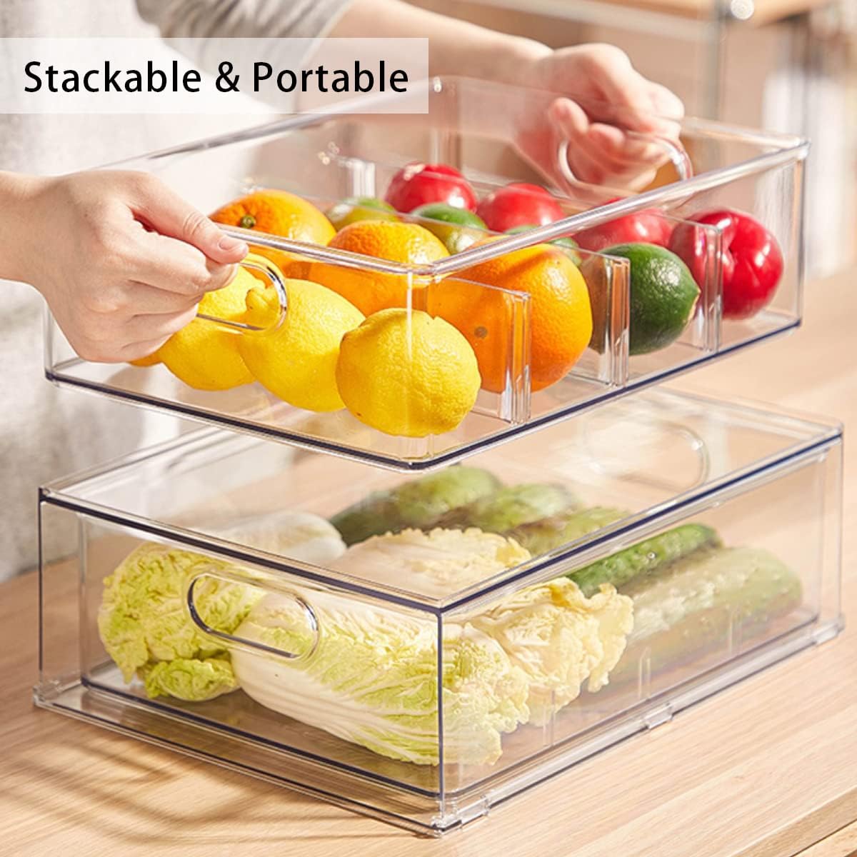 Mano 3PackFridge Drawer Pull Out Stackable Bins with Handle Clear