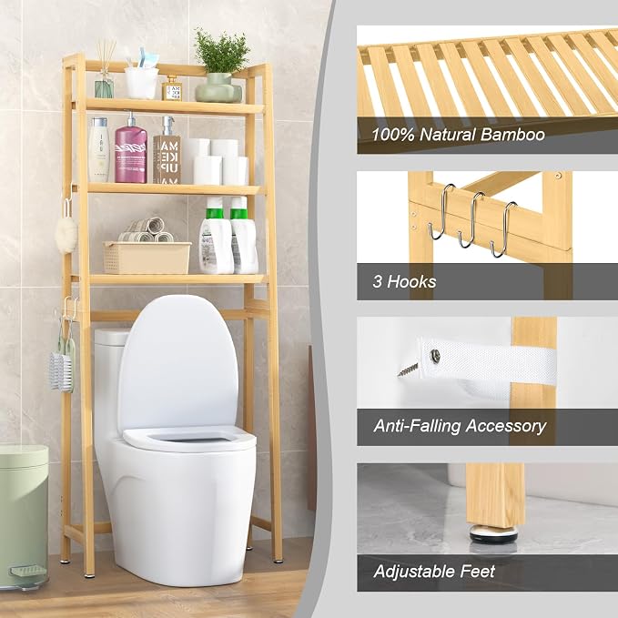VASMIA Over The Toilet Storage, Bamboo 3-Tier Bathroom Organizer Over Toilet - Image 5