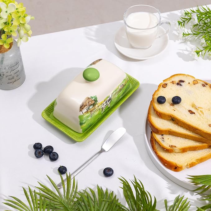 Cow Butter Dish with Lid for Countertop, Large Ceramic Embossed Butter Keeper - Image 5