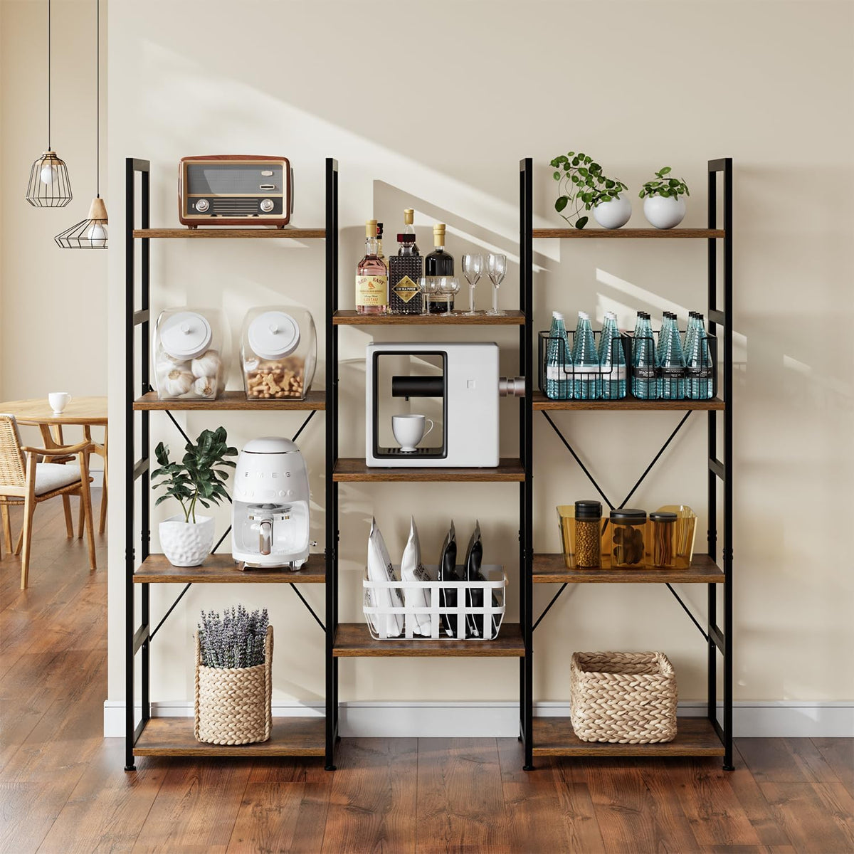 NUMENN Triple Column 4 Tier Bookshelf with 11 Adjustable Shelves