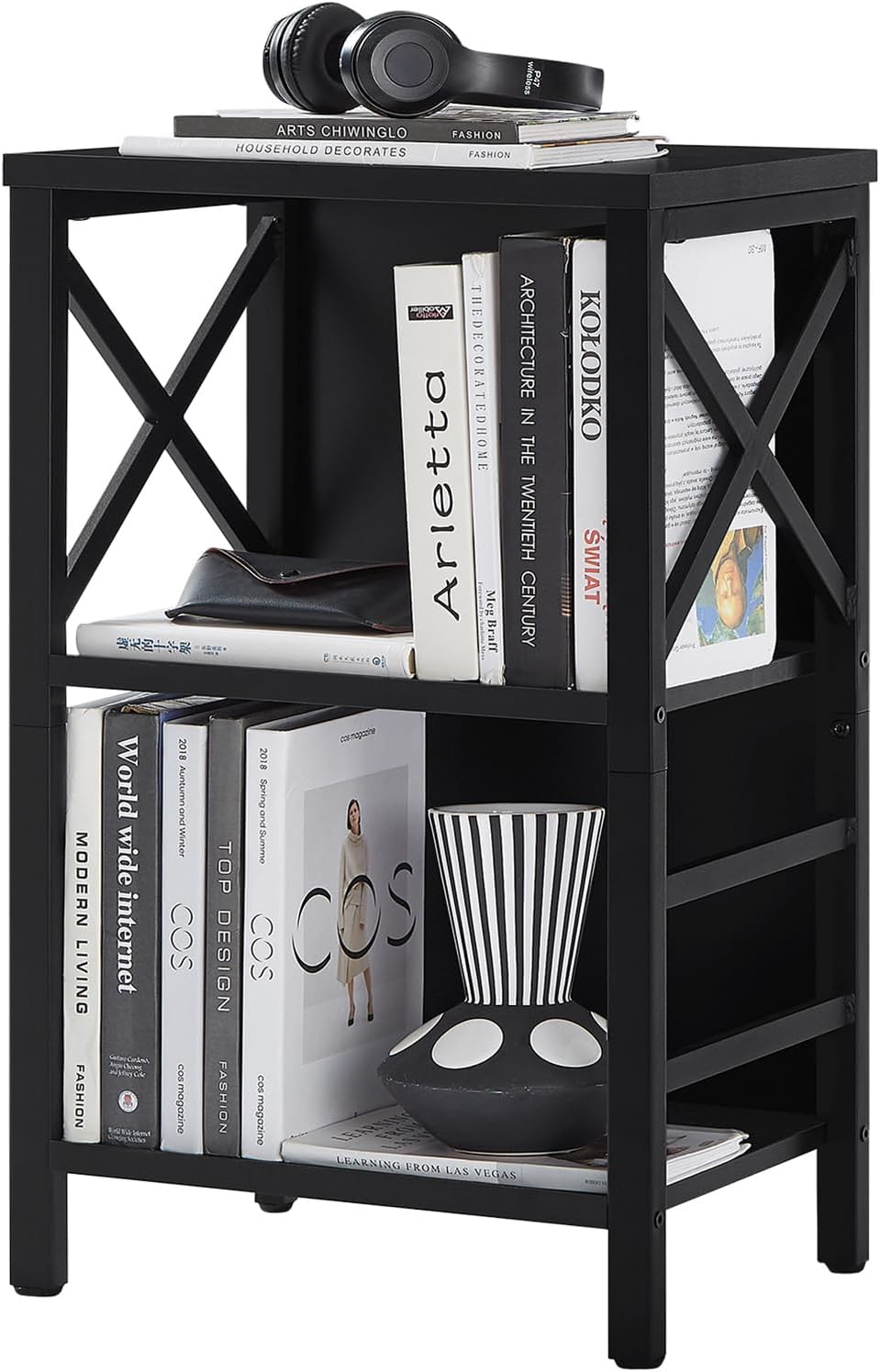 Small Bookshelf,3 Tier Industrial Bookcase with Metal Frame and