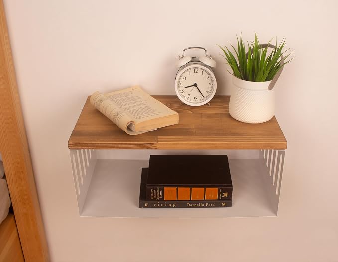 Floating Nightstand with White Metal Base, Wooden Top and Sturdy Metal Base - Image 2