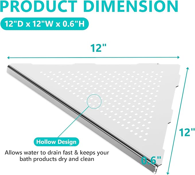 Bathroom Corner Shelf, Recessed 12" Shower Shelf Caddy, SUS304 Stainless Steel - Image 2