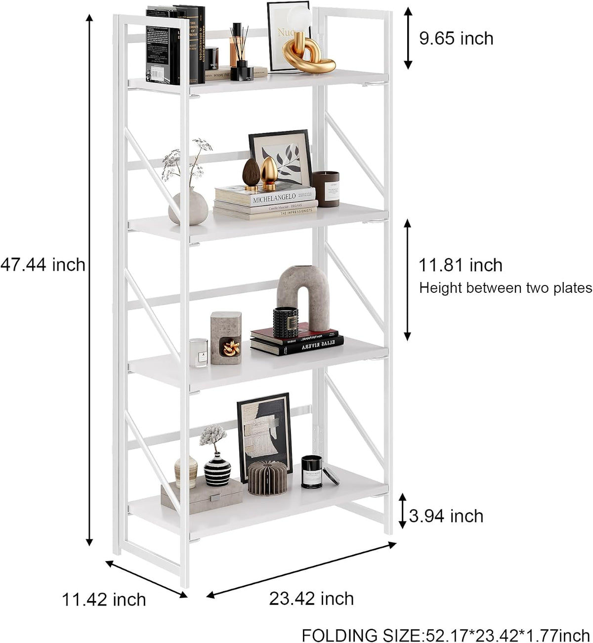 JSB No Assembly Folding Bookshelf, 4 Tier Industrial Metal Book Shelf