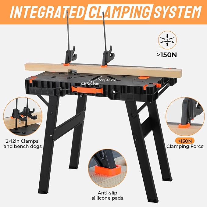 TLGREEN Folding Work Table, Express Portable Workbench, 2 Clamp, Power Strip - Image 5