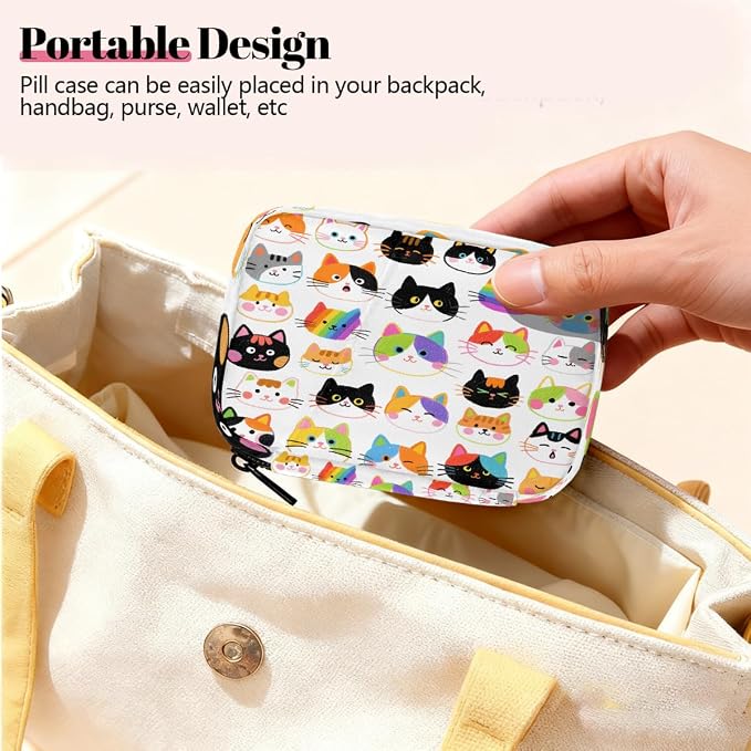 Colorful Hand Drawn Cat Pill Organizer Travel Medicine Case - Image 6
