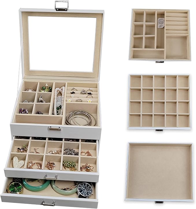 BOOVO Clear Lid Jewelry Box, 3 Layers Jewelry Organizer Large Multi-Functional - Image 8