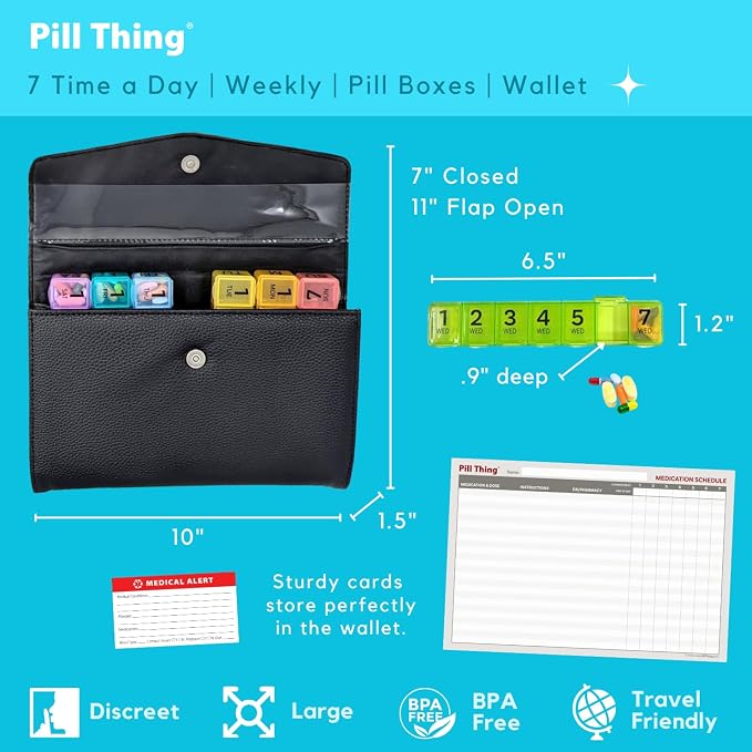 Weekly Pill Organizer Case, 7 Compartments, Pebble Grain Faux Leather, Magnetic - Image 5