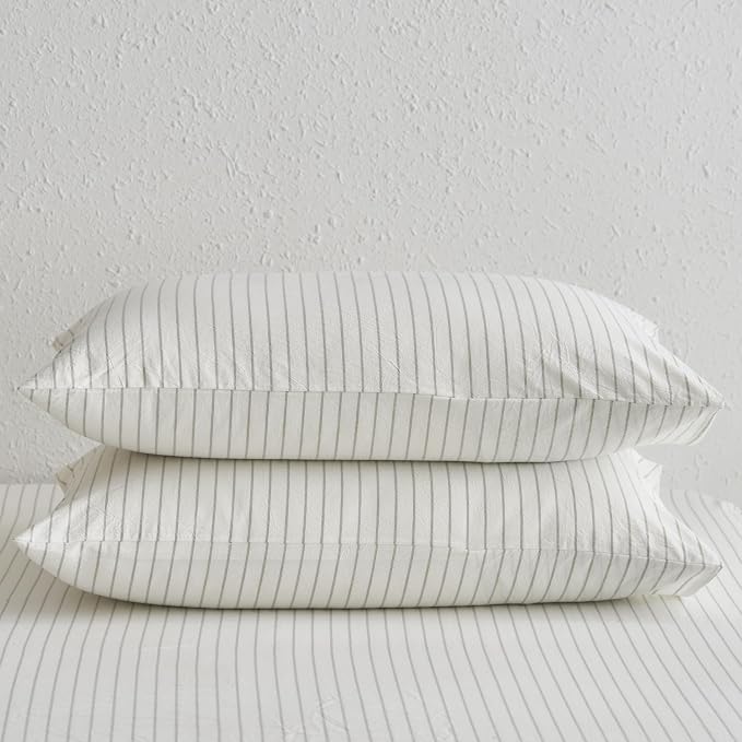MooMee Bedding Pillowcases Striped Pack of 2 100% Washed Cotton Linen Like - Image 6