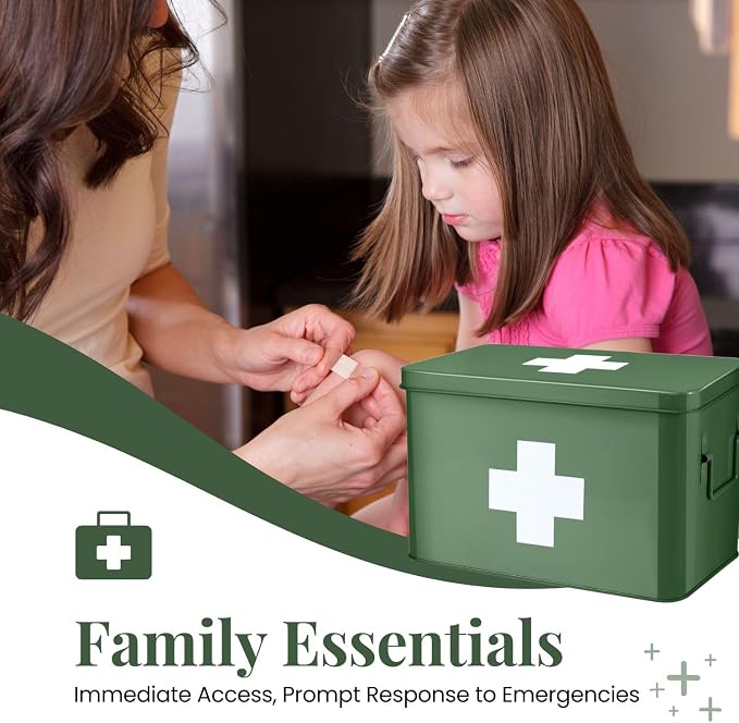 Flexzion First Aid Box Organizer Empty 13" Green Vintage First Aid Kit Tin - Image 2