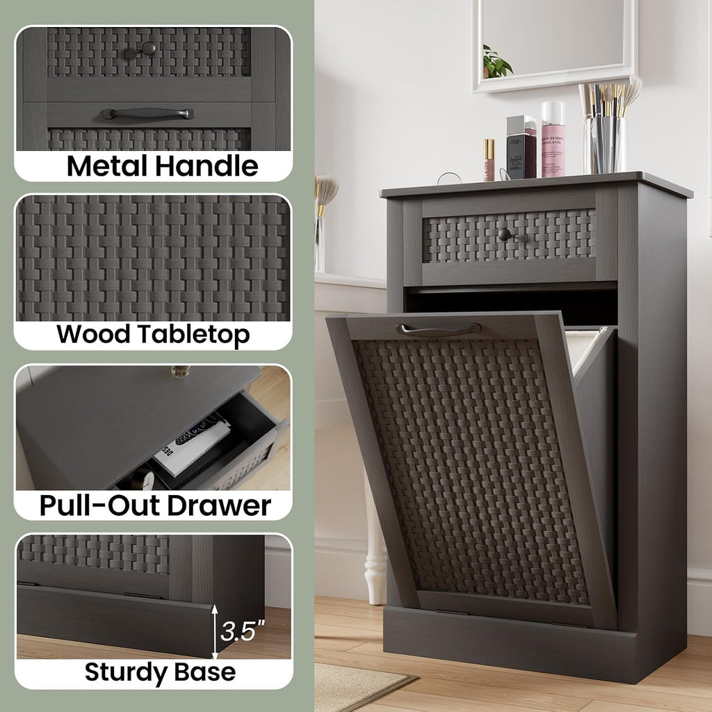 Tilt Out Laundry Hamper Cabinet, Rattan-Style Laundry Room
