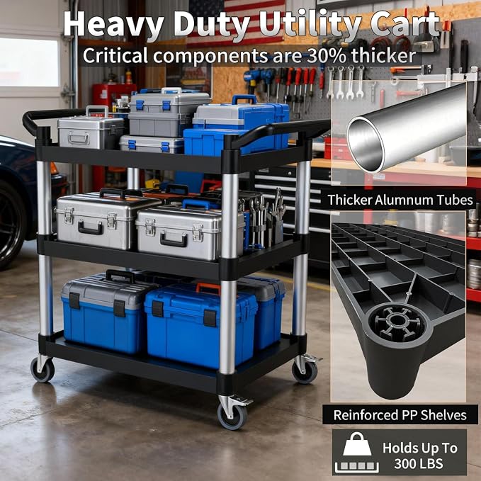 Plastic Utility Carts with Wheels, 3-Tier Rolling Service Cart, 300 lbs Heavy - Image 4