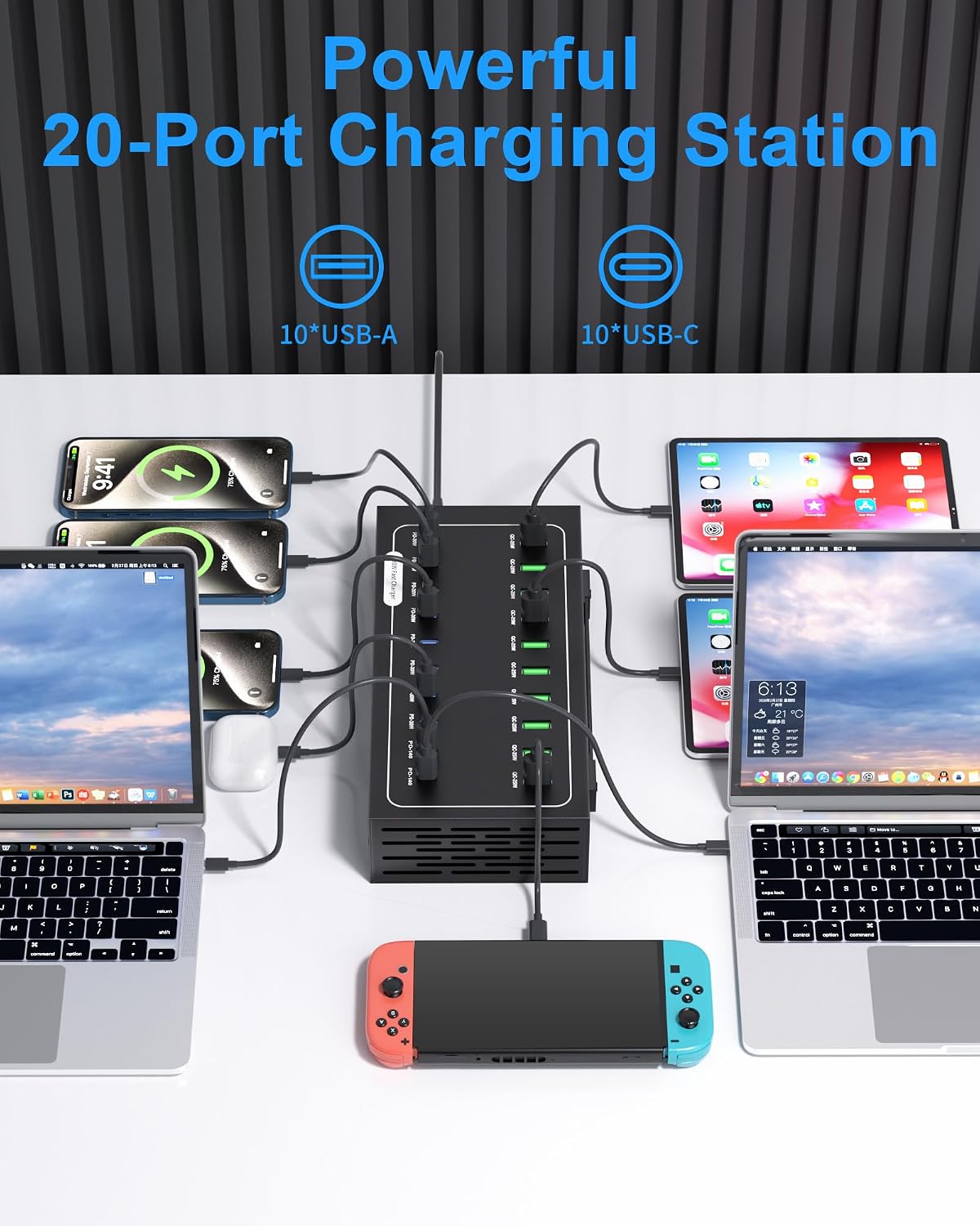 20 Port 770W USB Charging Station, Dual PD-140W USB C Charger Block