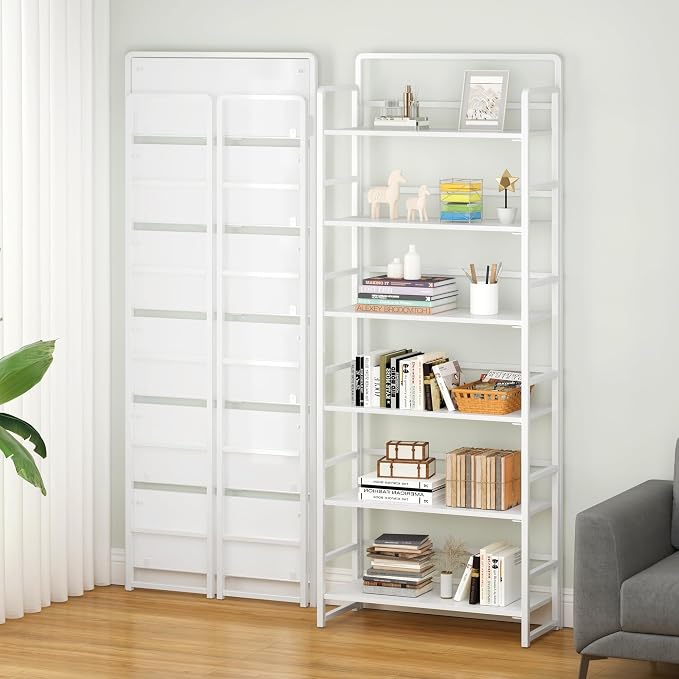 4NM No Assembly 6 Tiers Folding Bookshelf Storage Shelves Vintage Bookcase - Image 2