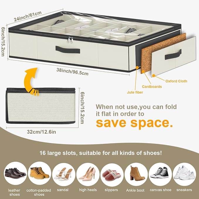 homyfort 32 Pairs Shoe Organizer Under Bed, Sturdy Underbed Shoe Storage Boxes - Image 3