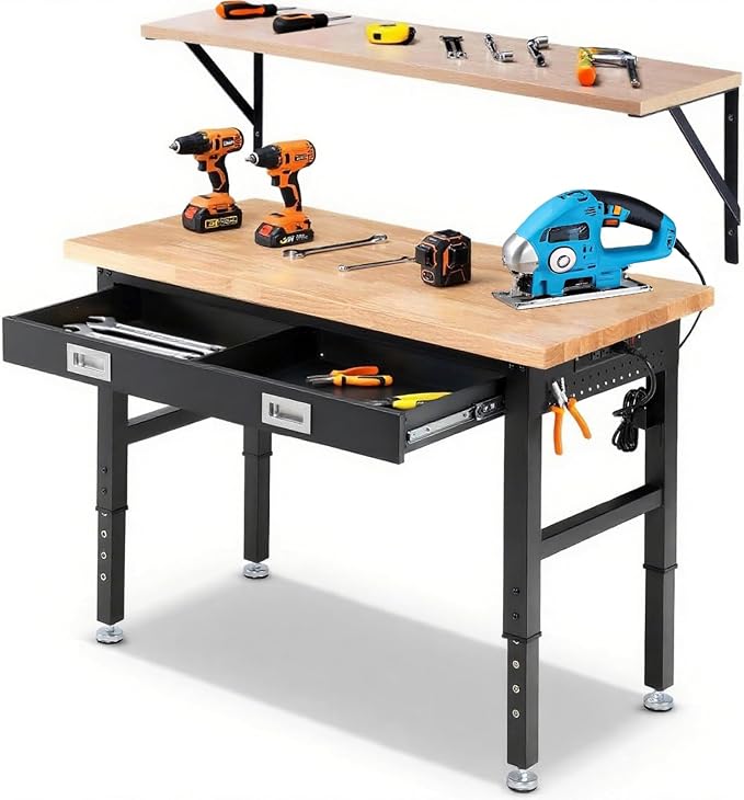 Workbench with Shelf Bracket 48 Inch Adjustable Height Work Bench by ENJOYWOOD