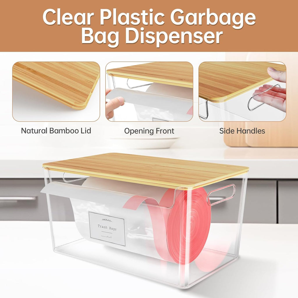 2 Pack Stackable Plastic Trash Bag Holder with Bamboo Lid Under Sink