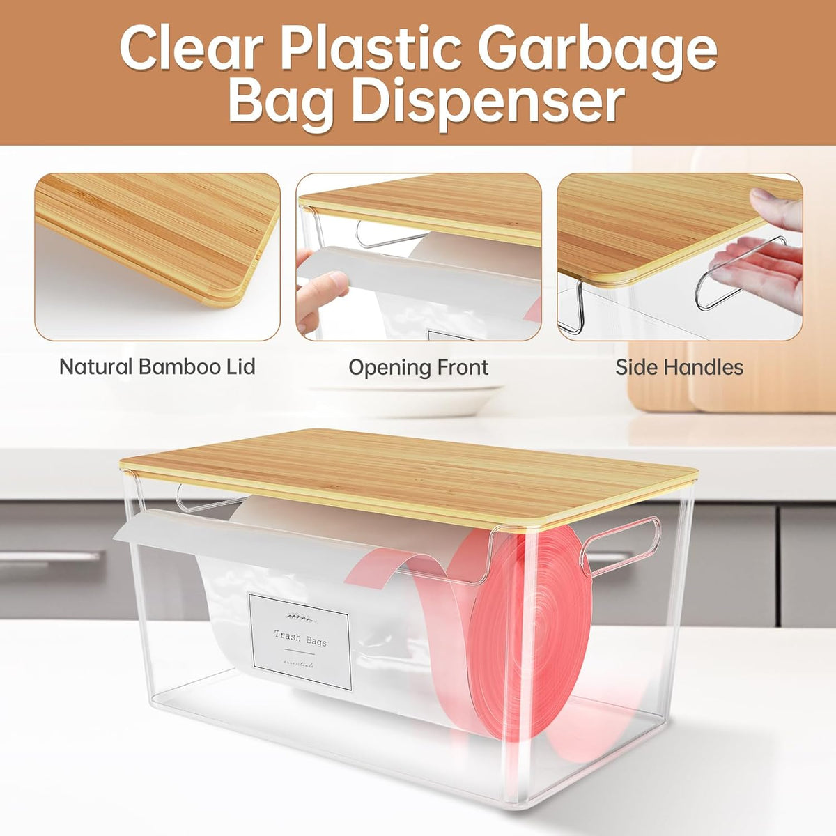 2 Pack Stackable Plastic Trash Bag Holder with Bamboo Lid Under Sink
