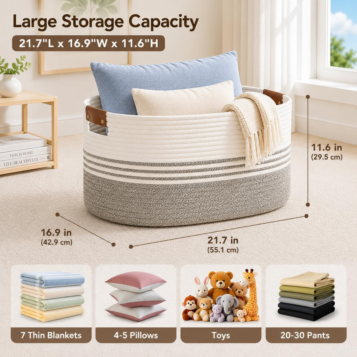 Laundry Hamper with Handles, 72L Rope Laundry Basket, Rice Brown &