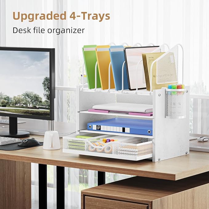 Marbrasse Desk organizer with Drawer, 4-Tier Wooden File Organizer with 5 - Image 3