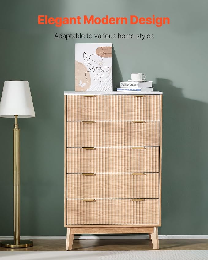 VEVOR 5 Drawer 48" Tall Fluted Bedroom Dresser, Modern Chest of Drawers - Image 4