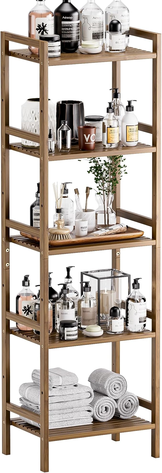 HITNET Bamboo Book Shelf, Tall Narrow Bookcase, Bathroom Shelving Unit 5 Tier by HITNET