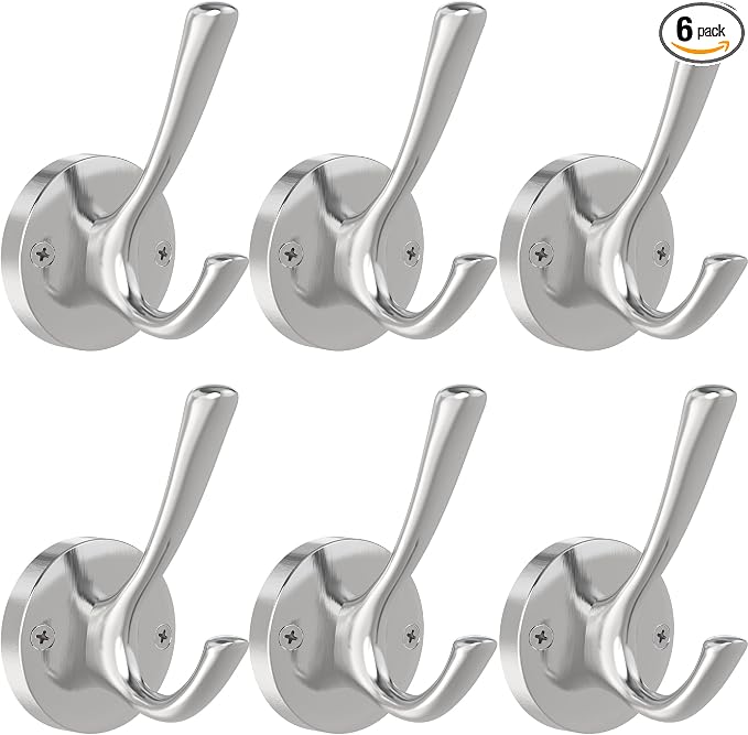 Brushed Nickel Wall Hooks, 6 Pack Coat Robe Hook Heavy Duty Metal Double Bath by TOFIIGREM