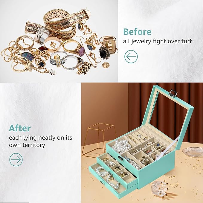 BOOVO Clear Lid Jewelry Box, 3 Layers Jewelry Organizer Large Multi-Functional - Image 7