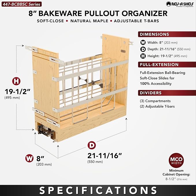 Rev-A-Shelf 8" Wooden Pullout Shelf Bakeware Organizer - Image 2