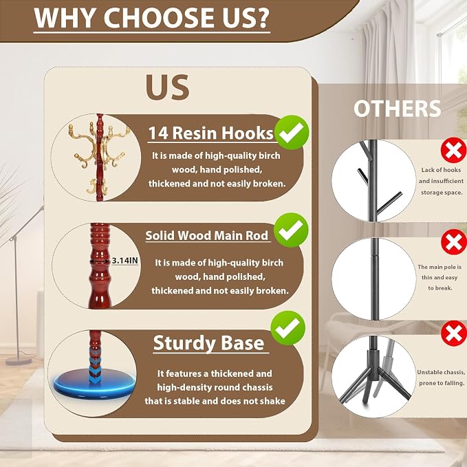 Solid Wooden Coat Rack Stand, Coat Racks Freestanding - Image 4