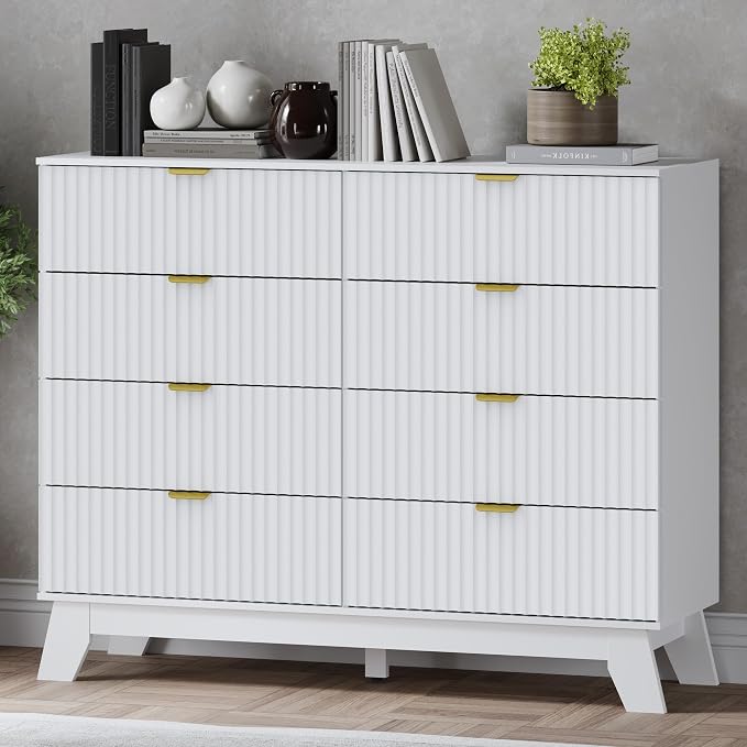 Fluted 8 Drawer Tall Dresser, 47.2" Wide Modern Boho Chest of Drawers, Wooden by BORNOON