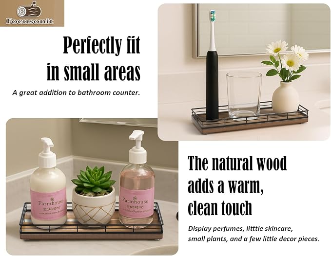 Acacia Wood Bathroom Vanity Tray, Kitchen Counter, Coffee Bar - Image 3