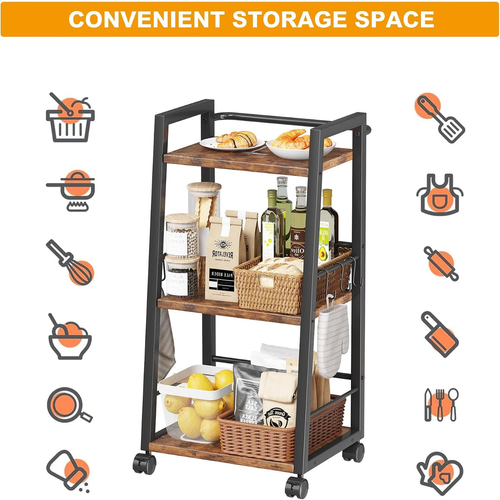 Homeiju 3 Tier Kitchen Storage Cart with Lockable Wheels & 6 Hooks
