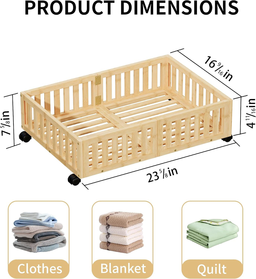 Under Bed Storage with Wheels, 2 Pcs Bamboo Drawers for Clothes and