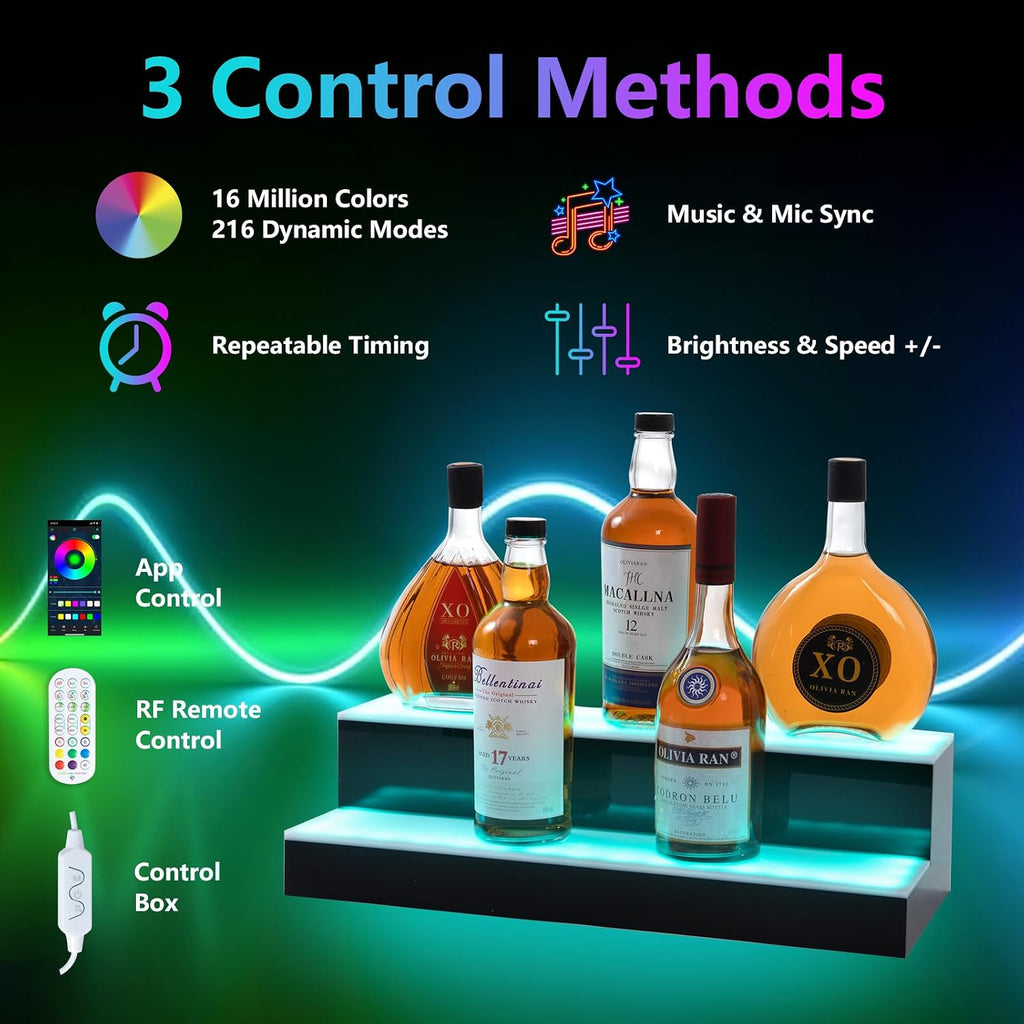 Led Lighted Liquor Bottle Display Shelf, 20 Inch 2 Tier Whiskey Rack