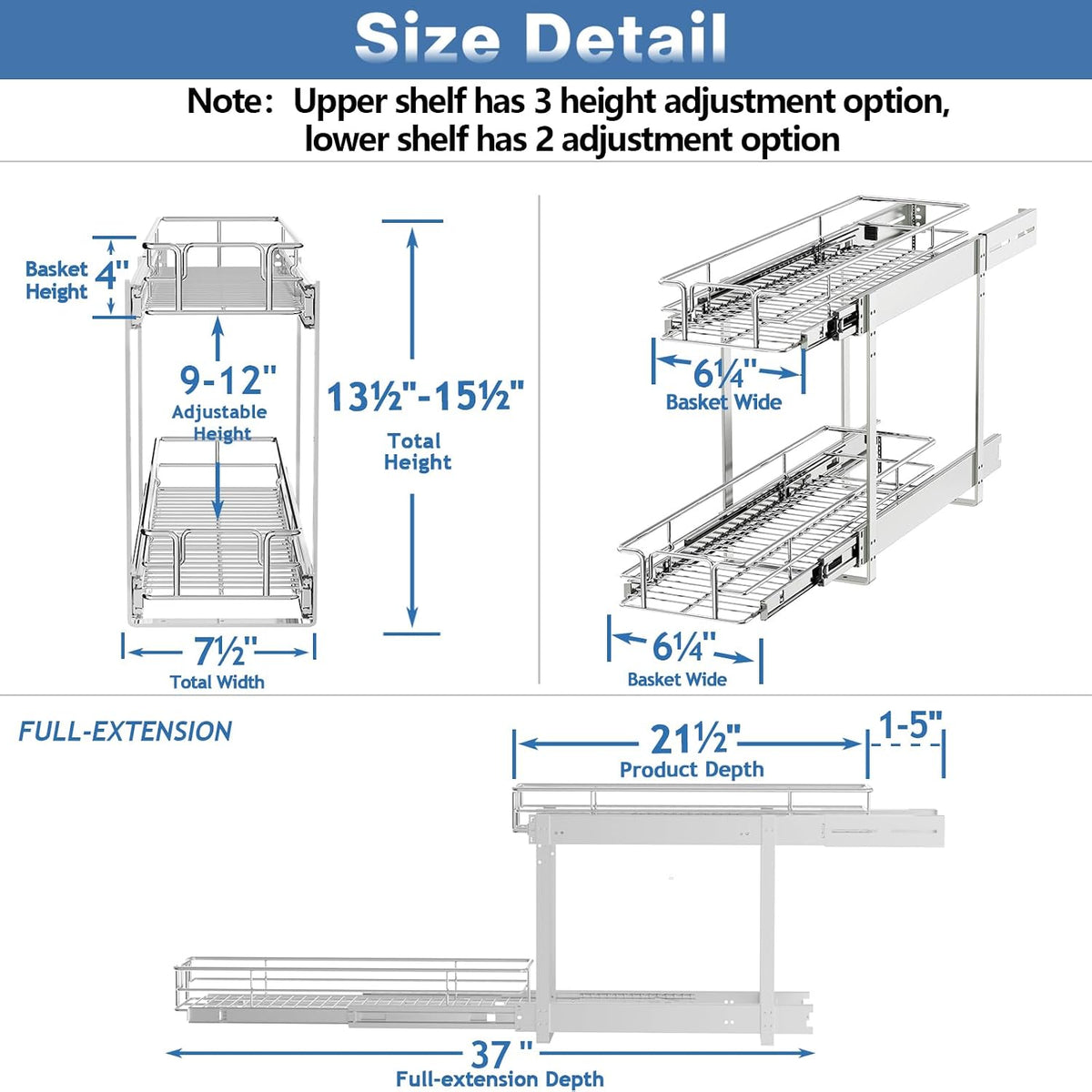 2 Tier Individual Pull Out Cabinet Organizer 71⁄2" W x 211⁄2" D, Heavy
