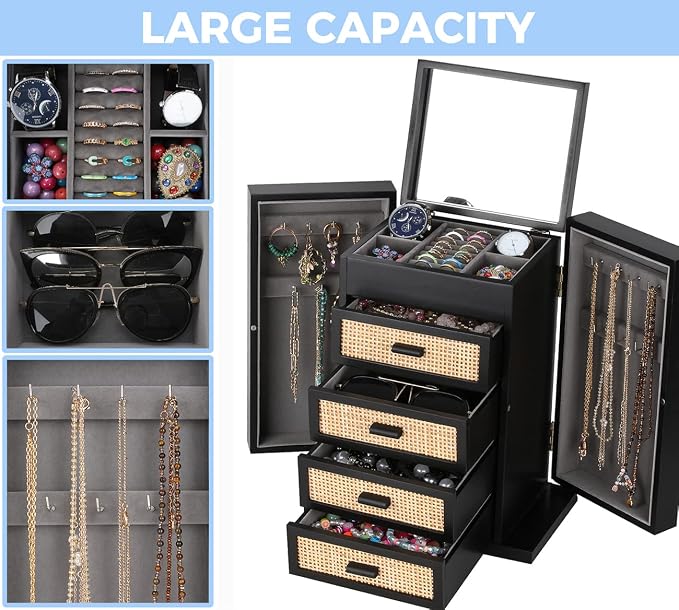 Jewelry Organizer, Rattan Jewelry Box, 5 Layer Wooden Jewelry Organizer Box - Image 5