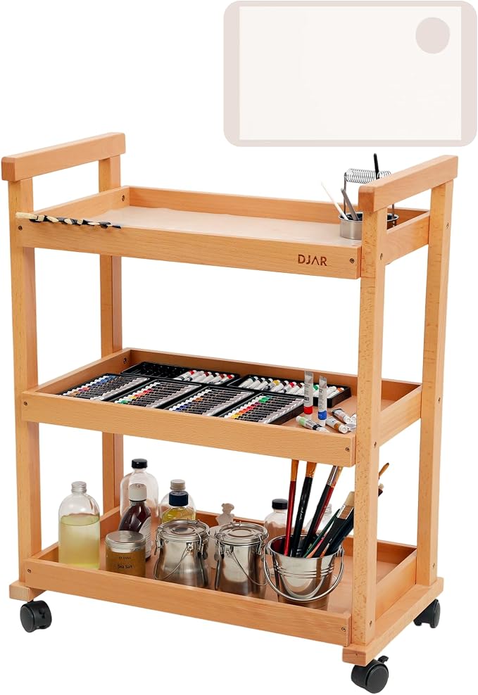 DJAR Rolling Art Supplies Cart, Solid Beech Wood Art Supply Organizert by DJARARTTOOL