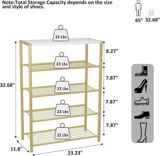 HOMEFORT 5-Tier Shoe Rack, Shoe Storage Shelf, Industrial Shoe Tower, Narrow - Image 3