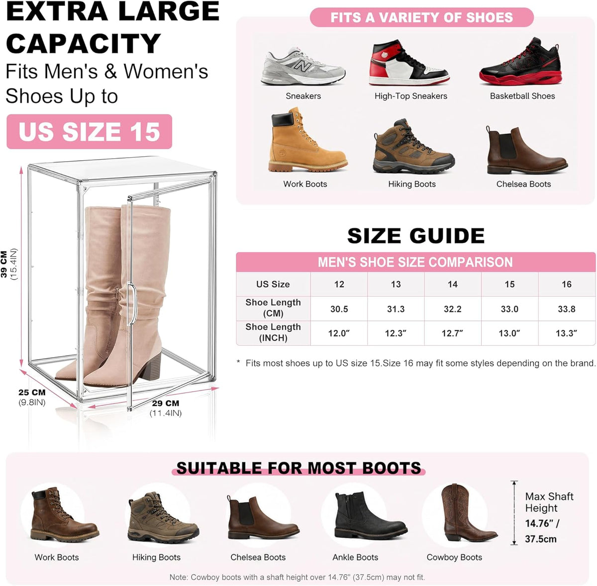 1 Pack Clear Tall Boot Storage Box, Organizer for Ankle Boots and