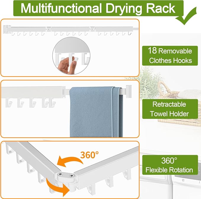 Foldable Clothes Drying Rack, 2 Fold Laundry Drying Rack Wall Mount, Folding & - Image 3