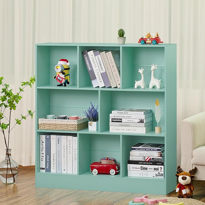 LEYAOYAO 8 Cube Bookshelf with Base, 3 Tier Modern Mint-Green Kids Bookcase - Image 5