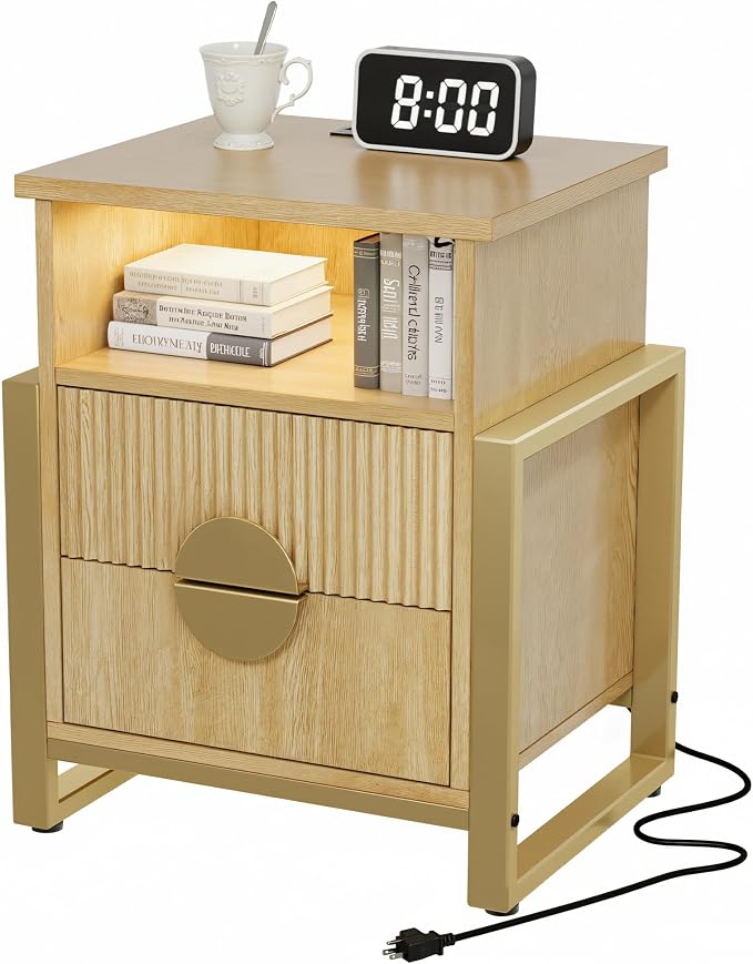 Fluted Nightstand with Charger Station Strip Lights, Large Accent Bed Side by WelcometoHolliWill