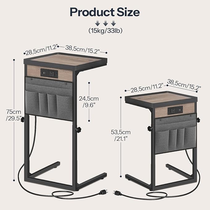 HOOBRO C-Shaped End Table with Charging Station, 29.5” Adjustable Height Side - Image 9
