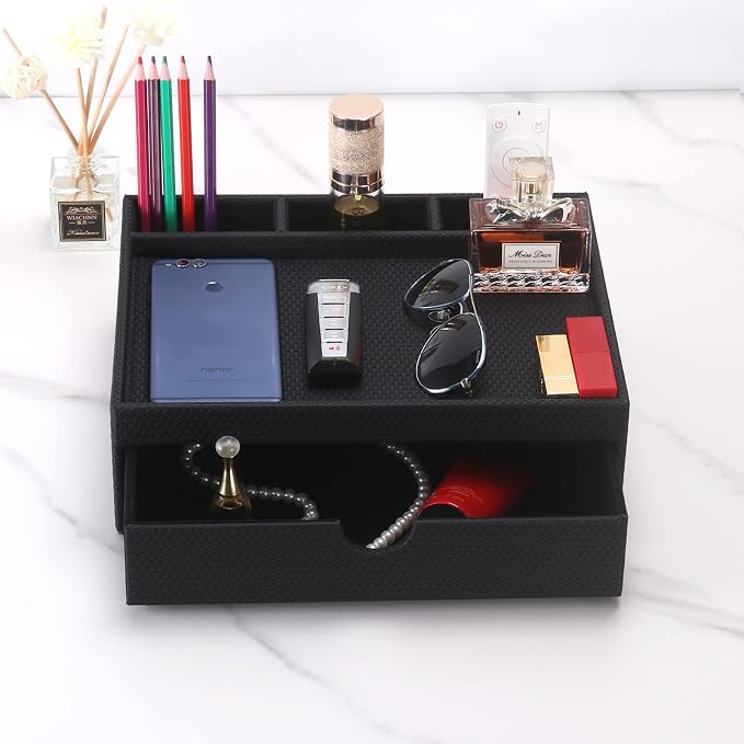 Leather Desk Organizer With Drawers, Home Cosmetics Organizer, Phone Remote - Image 5