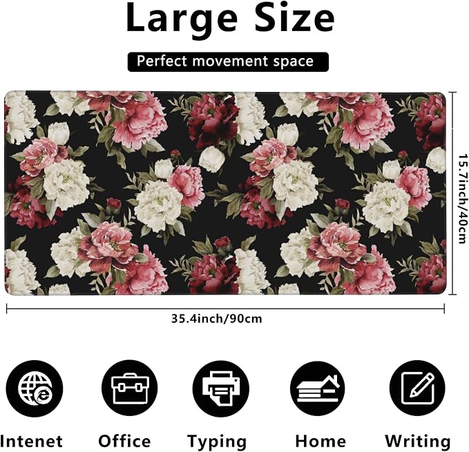 Desk Mat, Watercolor Peonies Floral Gaming Mouse Pad, XXL Extended Mouse Pad Mat - Image 3