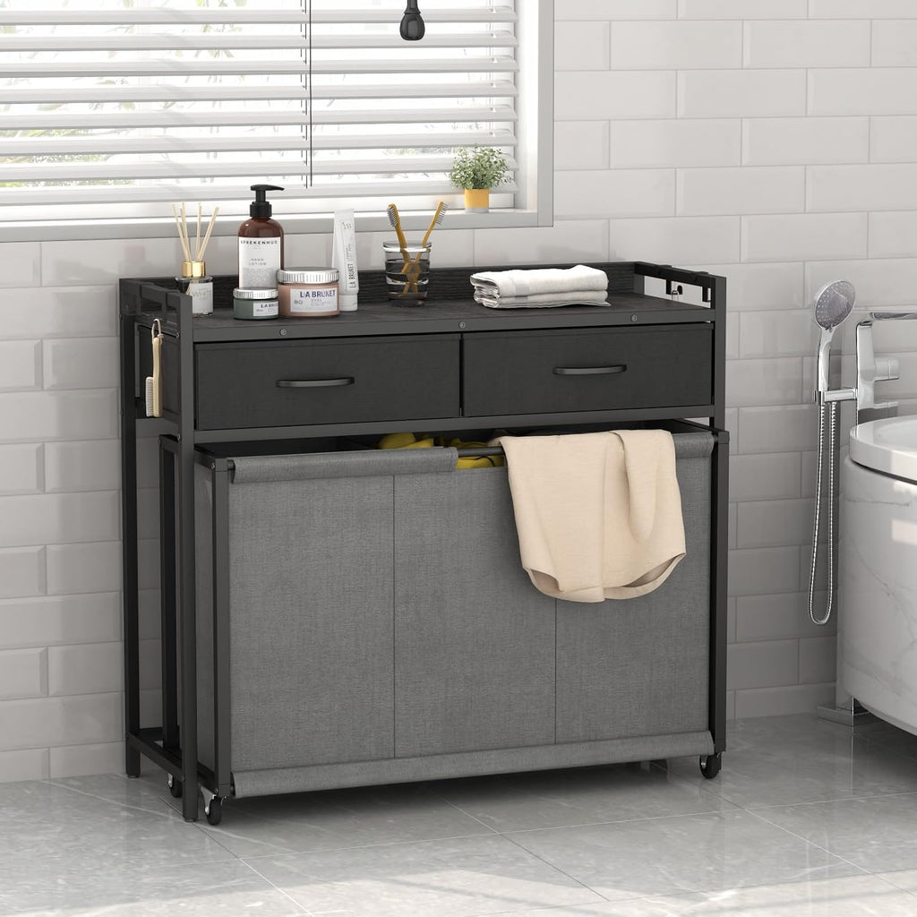 STIKELY Laundry Hamper Laundry Basket with 3 Section Pull-Out Rolling