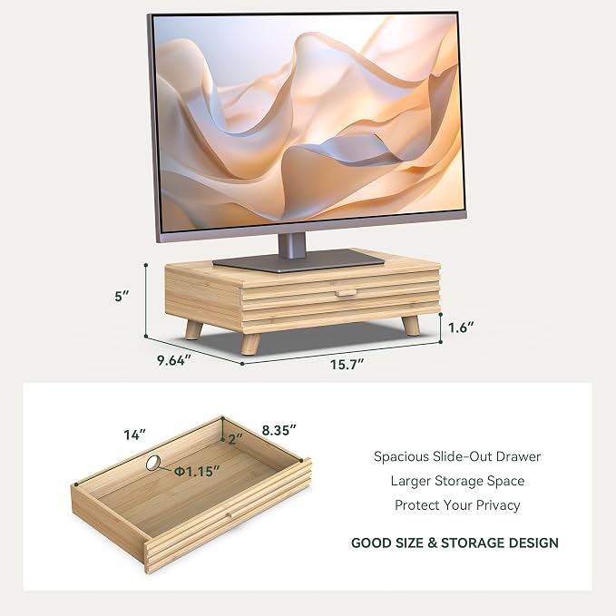 Bamboo Monitor Stand with Drawer - Image 4